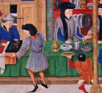 Mercato medievale. Miniatura di "Etica, Politica e Economia" - Aristotele (XV secolo) - Rouen, I.2 927