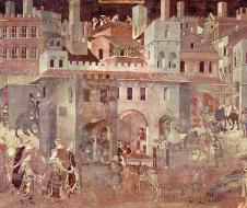 Ambrogio Lorenzetti - Effetti del Buon Governo in città (1338-1339) affresco, Siena, Palazzo Pubblico, Sala della Pace 
