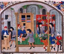 Mercato medievale. Miniatura di "Etica, Politica e Economia" - Aristotele (XV secolo) - Rouen, I.2 927